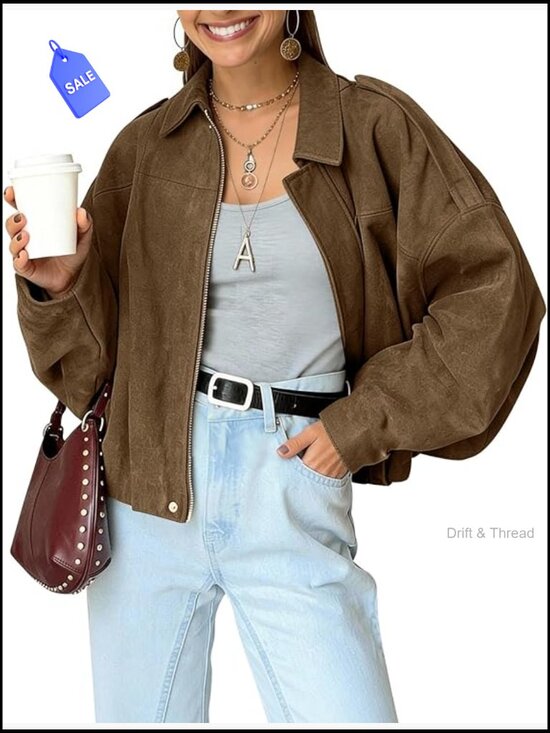 Jackets & Blazers - Faux Suede Bomber Jacket Oversized Batwing Long Sleeve Cropped Coat Streetwear
